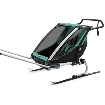 Carrinho de criança para Skietrize verde e preto com escudo transparente e estrutura metálica, marca THULE
