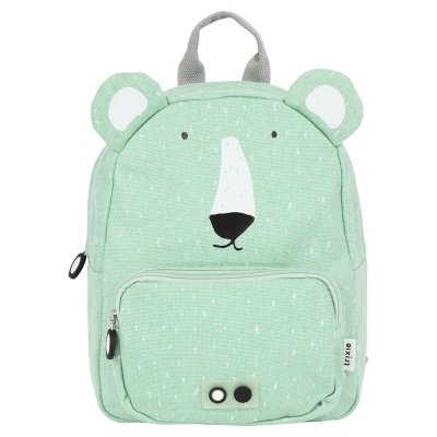 Mochila infantil verde claro com design de urso e textos