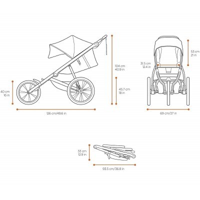 Desenho técnico de carrinho de bebé com dimensões