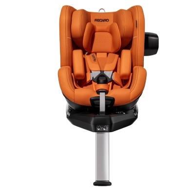 Cadeira auto para crianças laranja RECARO com base preta e suporte metálico.