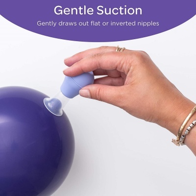 Dispositivo de sucção azul em balão roxo, texto explicativo e fundo branco
