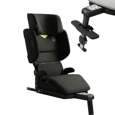 Cadeira de criança para carro preta com apoio para cabeça e assento estofados em tecido.