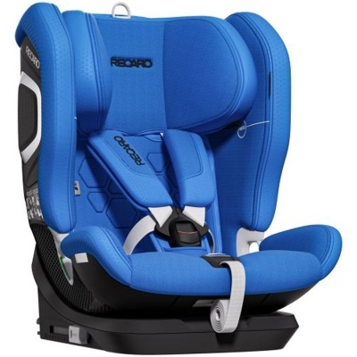 Cadeira auto infantil azul com cintos brancos e base preta da marca Recaro
