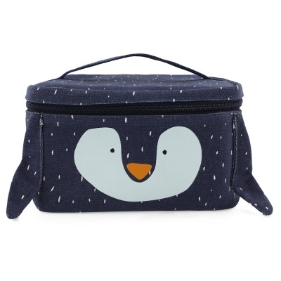 Necessaire azul escura com rosto de pinguim e riscas brancas