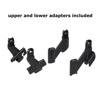 Adaptadores pretos sobre fundo branco com texto