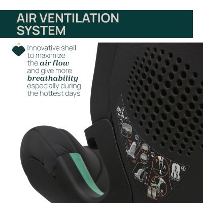 Cadeira auto infantil preta com ventilação e instruções