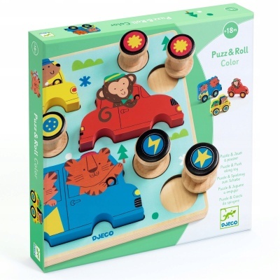 Puzzle de madeira colorido com carros e animais para crianças.