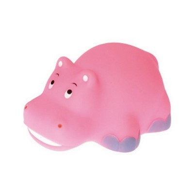 Brinquedo hipopótamo cor-de-rosa com detalhes lilases e olhos desenhados