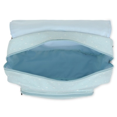 Necessaire azul claro com padrão de manchas brancas e interior azul