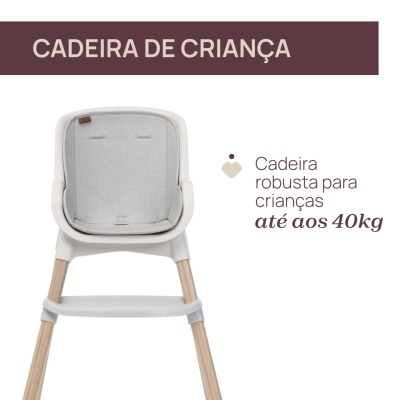 Cadeira de criança robusta branca com assento cinza e pernas de madeira claro