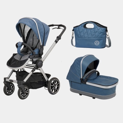 Carrinho de bebé azul com bolsa e moisés
