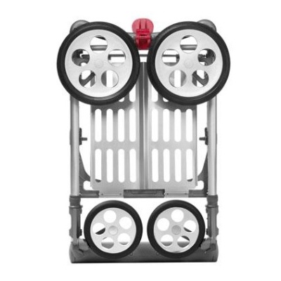 Carrinho dobrável de quatro rodas cinzento e preto com peça vermelha