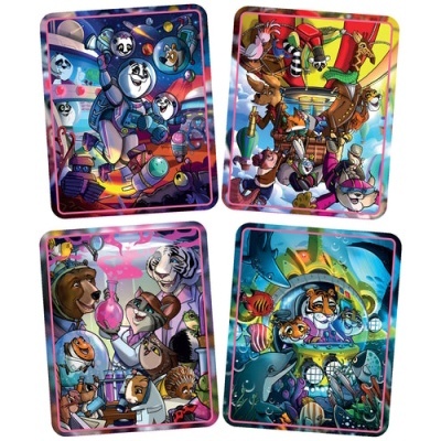 Quatro puzzles coloridos com animais em várias cenas fantásticas