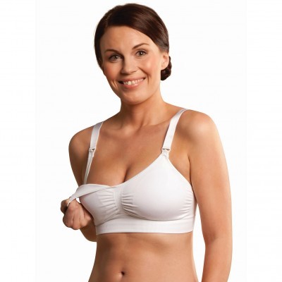 Mulher a usar sutiã de amamentação branco com alças ajustáveis