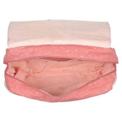 Carteira rosa claro com padrão de pontos brancos, interior cor de rosa claro, aberta