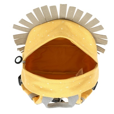 Mochila infantil amarela com detalhes cinza e interior laranja, vista superior com abertura aberta