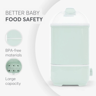 Recipiente para alimentos de bebé verde claro com tampa transparente e textos de segurança alimentar