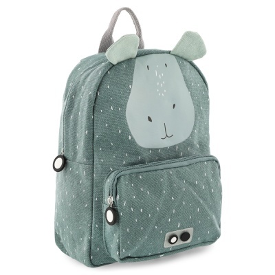 Mochila infantil verde-água com bolso frontal e impressão de rosto de animal