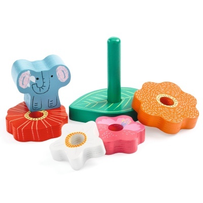 Brinquedo empilhável de madeira com peças coloridas e forma de flores e elefante