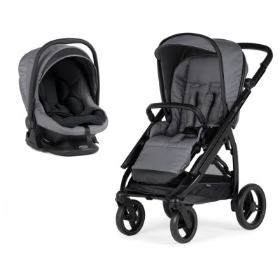 Carrinho de bebé cinzento com alcofa correspondente