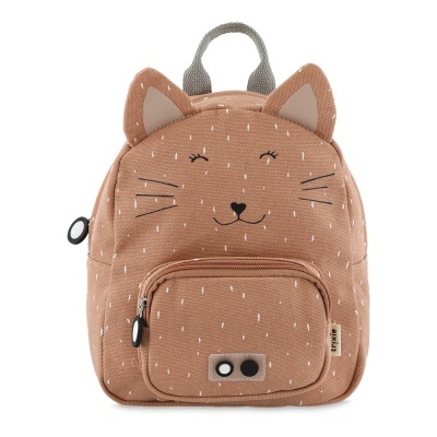 Mochila infantil castanha com rosto de gato bordado e bolso frontal