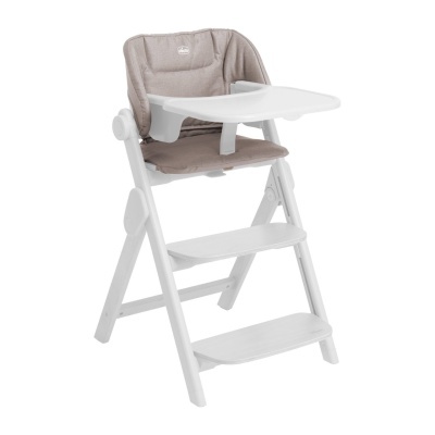 Cadeira alta para bebé em madeira branca com assento cinzento e bandeja branca