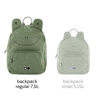 Duas mochilas verdes com padrão e design sorridente, tamanhos 7,5L e 5,25L.