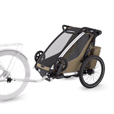 Carrinho de transporte para bicicleta bege e preto com rodas e rede protetora