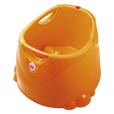 Assento de banho para bebé laranja em plástico com etiqueta branca e vermelha