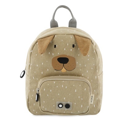 Mochila infantil bege com padrão branco e rosto de cão