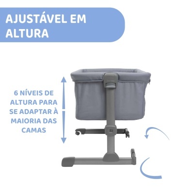 Berço ajustável cinza com 6 níveis de altura e base com rodas