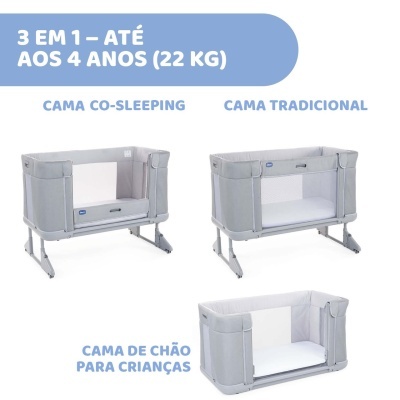 Três tipos de camas infantis cinza com laterais e base branca, para diferentes usos.