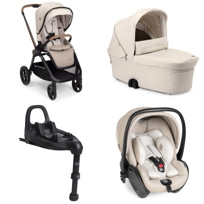 Conjunto de carrinho, alcofa, base para carro e cadeirinha de bebé em bege e preto