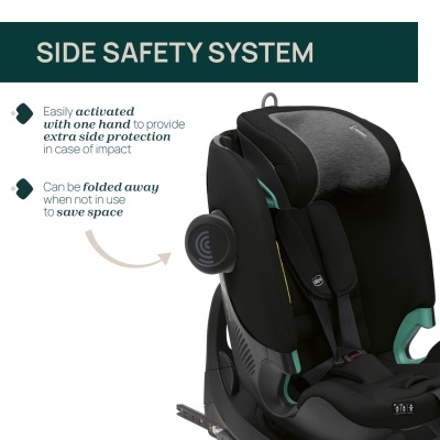 Cadeira auto infantil preta e cinza com proteção lateral ajustável e sistema SIDE SAFETY SYSTEM