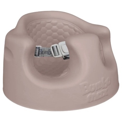 Cadeira para bebés bege em espuma com cinto de segurança cinzento e texto Bumbo
