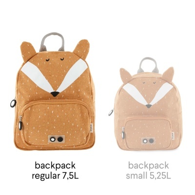 Dois mochilas castanhas claras com padrão de manchas brancas em formato de raposa, com orelhas e olhos desenhados.