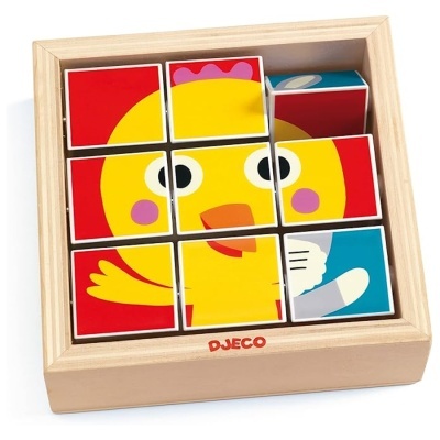 Quebra-cabeças de madeira com imagem de pintinho amarelo em caixa de madeira clara