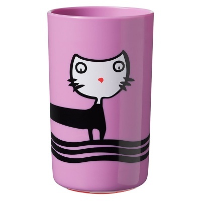 Caneca rosa com desenho de gato branco e preto