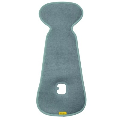 Almofada ou suporte para assento infantil cinzenta com bordas verde-água e etiqueta amarela STEPPING