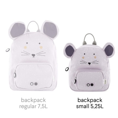 Duas mochilas em forma de rato rosa claro com pontos brancos e rosto desenhado