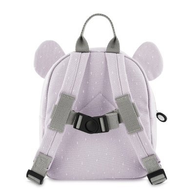 Mochila infantil lilás com orelhas e alças cinza