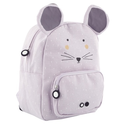 Mochila infantil lilás com desenho de rosto de rato e orelhas