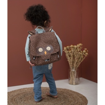 Mochila castanha infantil com desenho de coruja