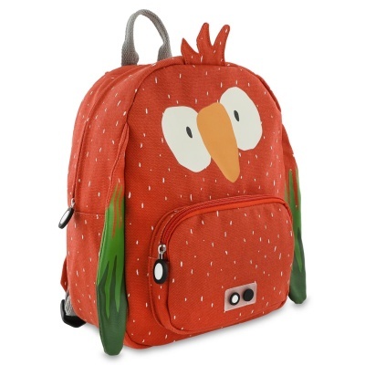 Mochila vermelha com design de passarinho e bolso frontal