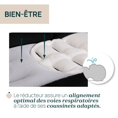 Redutor de assento branco e cinzento com almofadas acolchoadas e ilustração de respiração