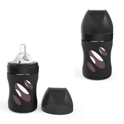 Dois biberões pretos com padrão oval branco e roxo, um aberto e outro fechado