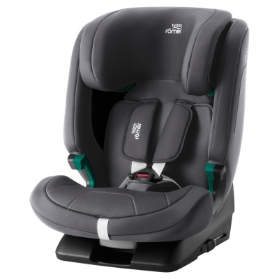 Cadeira auto Britax Römer cinzenta escura com cintos de segurança e base preta