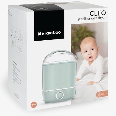 Embalagem branca do esterilizador e secador CLEO da Kikkaboo, aparelho verde menta e branco, com imagem bebé