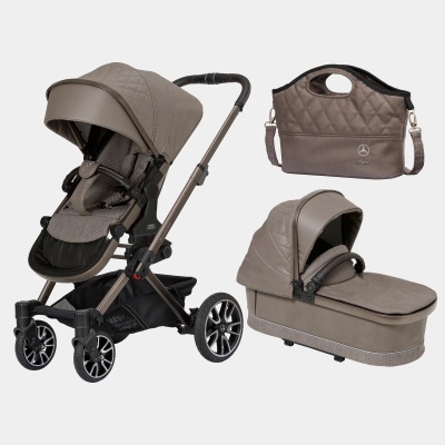 Carrinho de bebé castanho taupe com bolsa acessórios, textura acolchoada e roda preta