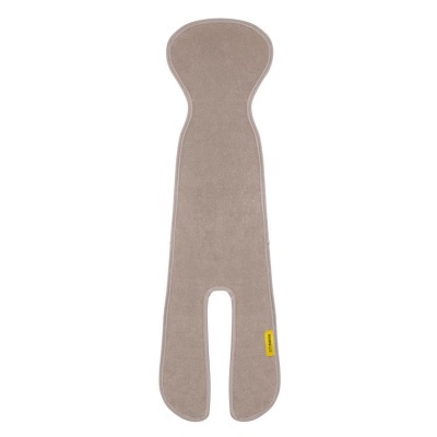 Almofada anatómica cinza para bebê com ranhura central e etiqueta amarela
